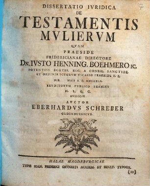 Dissertatio Ivridica De Testamentis Mvliervm