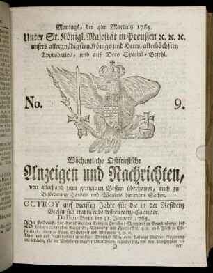 No. 9. Montags, den 4ten Martius 1765.