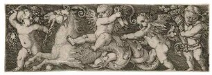 Ornamentleiste mit Seepferd mit Ziegenkopf, von vier Putten umgeben