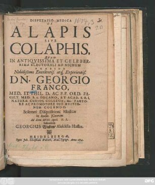 Disputatio Medica De Alapis Sive Colaphis