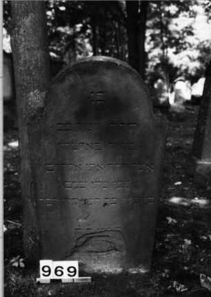Grabstein 969 (Index: 99630461) Material: Sandstein Zustand: unten abgeblättert mit Textverlust Maße HxBxT: 100x50x8 cm Beschreibung: Stele mit eingezogenem Rundbogenabschluß: Grabstein 969