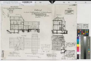 Entwurf zu einem Empfangsgebäude mit Güterschuppen [Bahnhof] auf Haltestelle Haßlinghausen (Spiegelbild), Blatt~3: Schnitte, Sparrenlage, M.~1:100 Stnr.: 64, Hge, Bunr.: 1, Blnr.: 3