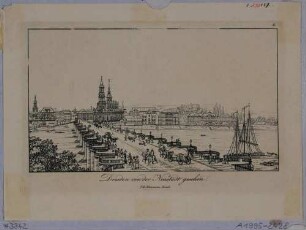 Stadtansicht von Dresden, Blick vom Narrenhäusl der Neustädter Elbseite über die Augustusbrücke auf die Altstadt