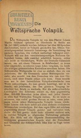 Die Weltsprache Volapük : [Umschlagtitel.]