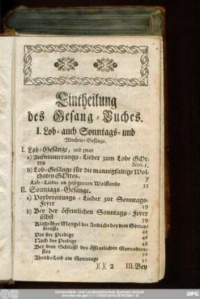 Eintheilung des Gesang-Buches.