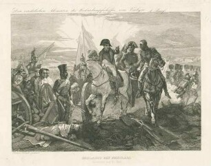 Kaiser Napoleon I. mit Offiziersgefolge, zu Pferd, nach geschlagener Schlacht das Schlachtfeld bei Friedland am 14.06.1807 besichtigend, im Vordergrund links Gefallener, Verwundete bei Geschützstellung, rechts Infanteristen, Verwundetentransport
