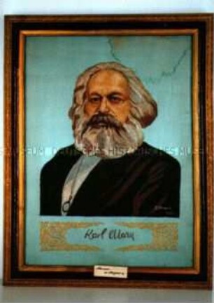 Stickbild mit Porträt von Karl Marx
