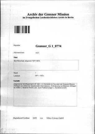 Schriftwechsel, allgemein 1971-1973