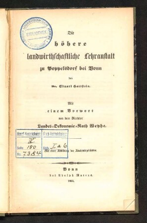 Die höhere landwirthschaftliche Lehranstalt zu Poppelsdorf bei Bonn : mit einer Abbildung des Akademiegebäudes