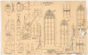 Pfarrkirche Sankt Martinus, Olpe: Details der Steinmetzarbeiten an Fenstern, Strebepfeilern und Giebeln 1:20