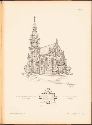 Evangelische Kirche, Zuffenhausen: Perspektivische Ansicht, Grundriss (aus: Architekt. Rundschau, hrsg.v. Eisenlohr & Weigle, 1894)