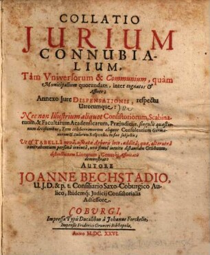 Collatio iurium connubialium : tam universorum & communium, quam municipalium quorundam, inter cognatos & affines ; annexo iure dispensationis, respectu utrorumque ...