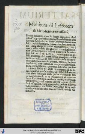 Monitum ad Lectorem.