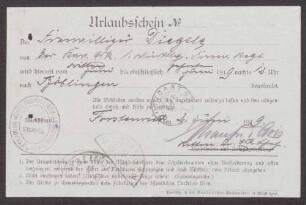 Urlaubsschein für den Freiwilligen Eugen Digele