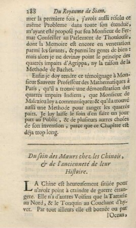 Du soin des moeurs chez les Chinois, & de l'ancienneté de leur histoire