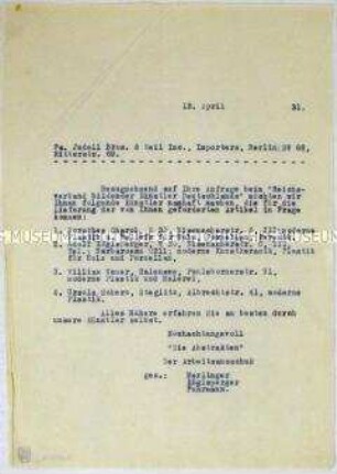 Durchschlag eines Schreibens der Künstlervereinigung "Die Abstrakten" an eine Speditionsfirma zu einem Transport von Kunstwerken für die Große Berliner Kunstausstellung 1931 - Sachkonvolut