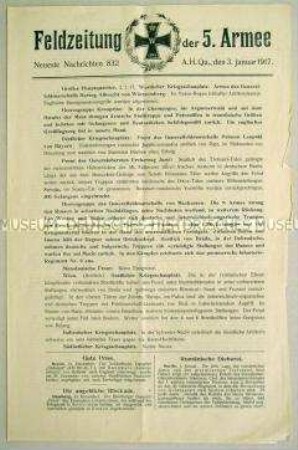 Nachrichtenblatt der 5. Armee mit Kurzmeldungen von verschiedenen Kriegsschauplätzen