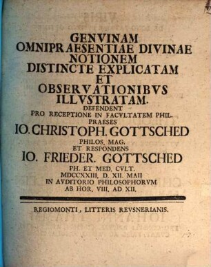 Genuinam omnipraesentiae divinae notionem distincte explicatam et observationibus illustratam