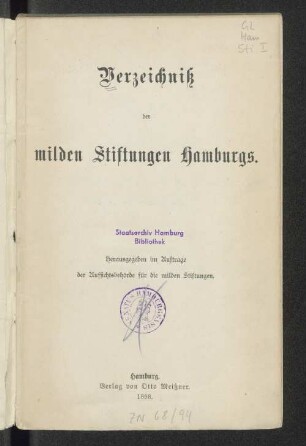 Verzeichniß der milden Stiftungen Hamburgs