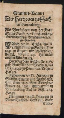 Stamm-Baum Der Hertzogen zu Sachsen Lauenburg ...