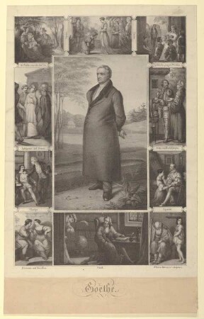 Goethe umgeben von Illustrationen seiner Dramen