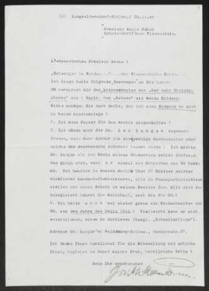 Brief von Hannes M. Avenarius an Annie Pollak