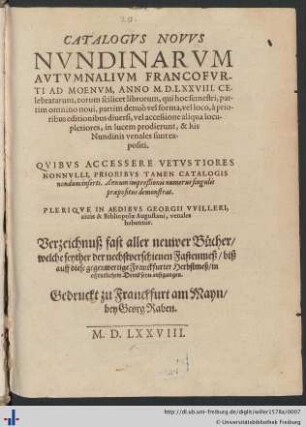 CATALOGVS NOVVS NVNDINARVM AVTVMNALIVM FRANCOFVRTI AD MOENVM, ANNO M.D.LXXVIII. CElebratarum ...