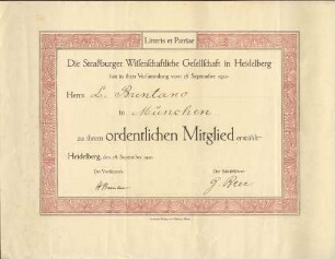 Aufnahmeurkunde für Lujo Brentano, München