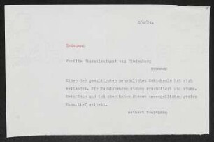 Brief von Gerhart Hauptmann an Paul von Hindenburg