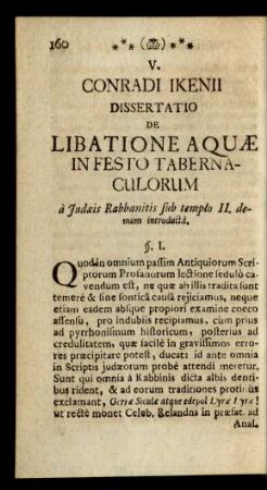 V. Conradi Ikenii Dissertatio De Libatione Aquae In Festo Tabernaculorum.