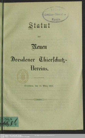 Statut des Neuen Dresdener Thierschutz-Vereins