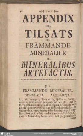 Appendix Eller Tilsats Om Främmande Mineralier De Mineralibus Artefactis