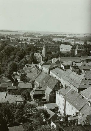 Freiberg (Sachsen), Blick vom Petriturm über Schloss Freudenstein nach Nordwesten