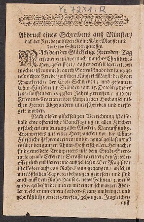 Abdruck eines Schreibens auß Münster/ daß der Friede zwischen Röm: Käys: Mayst: und der Cron Schweden getroffen.
