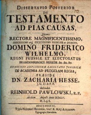 Dissertatio ... de testamento ad pias causas, 2