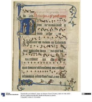 Randleiste und Initiale D, darin vor blauem Grund Christus