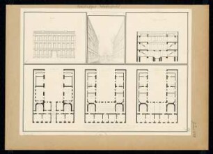 Städtisches Wohnhaus Monatskonkurrenz Juni 1828: Grundriss Erdgeschoss, Obergeschoss, Dachgeschoss, Aufriss Straßenansicht, perspektivische Ansicht, Querschnitt