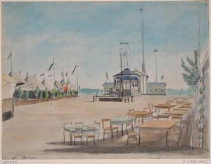 Der Festplatz auf der Dresdner Vogelwiese mit Festarchitektur und Vogelstangen
