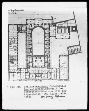 Berlin-Kreuzberg, Badeanstalt Baerwaldstraße, Grundriss des Untergeschosses, fertiggestellt 1902