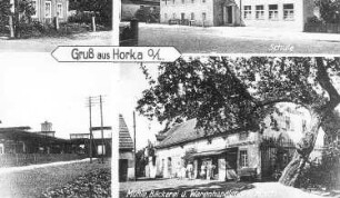 Horka. Mühle, Bäckerei und Warenhandlung P. Molch, u.a. Motive, Ansichtskarte, um 1930, Repro, Ausschnitt (RA Görlitz, Postkartensammlung)
