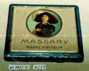 Blechschachtel für 10 Stück Zigaretten "MASSARY ROYAL VISITEUR" (Abbildung der Schauspielerin Fritzi Massary)