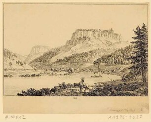 Der Königstein in der Sächsischen Schweiz vom Elbufer nach Südosten, im Hintergrund der Pfaffenstein, aus Richters "70 Mahlerischen An- und Aussichten ..."