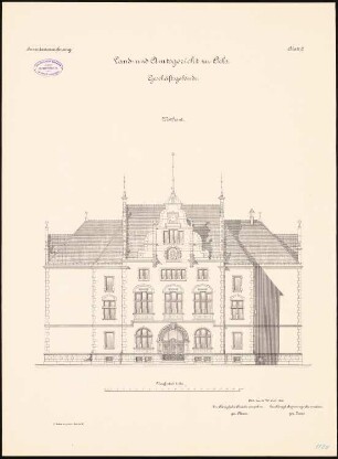 Land- und Amtsgericht, Oels: Aufriss Westansicht 1:100
