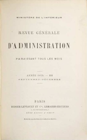 Revue générale d'administration, 6. 1879 = Sept. - Dez.