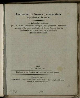 Specimen 6: Lectionum in Novum Testamentum. Specimen 6