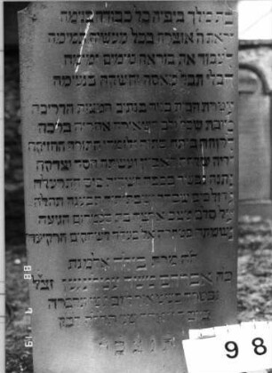 Grabstein 98 (Index: 100094808) Material: Sandstein Zustand: unten abgeblättert Maße HxBxT: 168x63x11 cm Beschreibung: Stele, doppelt eingezogener Rundbogenabschluß Besonderheit: langes Lobgedicht: Grabstein 98A