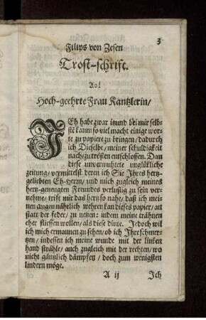 Filips von Zesen Trost-schrift. Ao! Hoch-geehrte Frau Kantzlerin ...