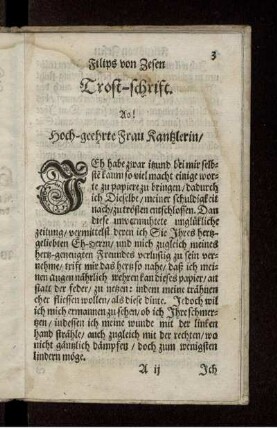 Filips von Zesen Trost-schrift. Ao! Hoch-geehrte Frau Kantzlerin ...