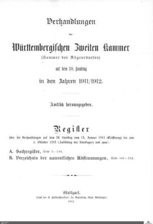 2,22: Landtag Württemberg - Kammer 2, Register 1911-1912