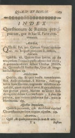 Index Quaestionum & Rerum praecipuarum, quae in hac II. Parte continentur